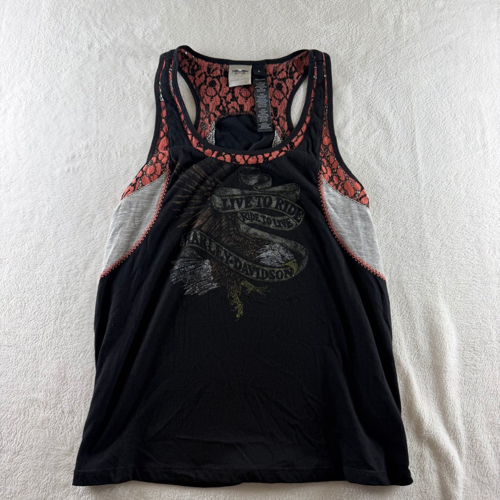 Harley Davidson Tank Top Lace Eagle Graphic Black Women Large Biker Mixed Media